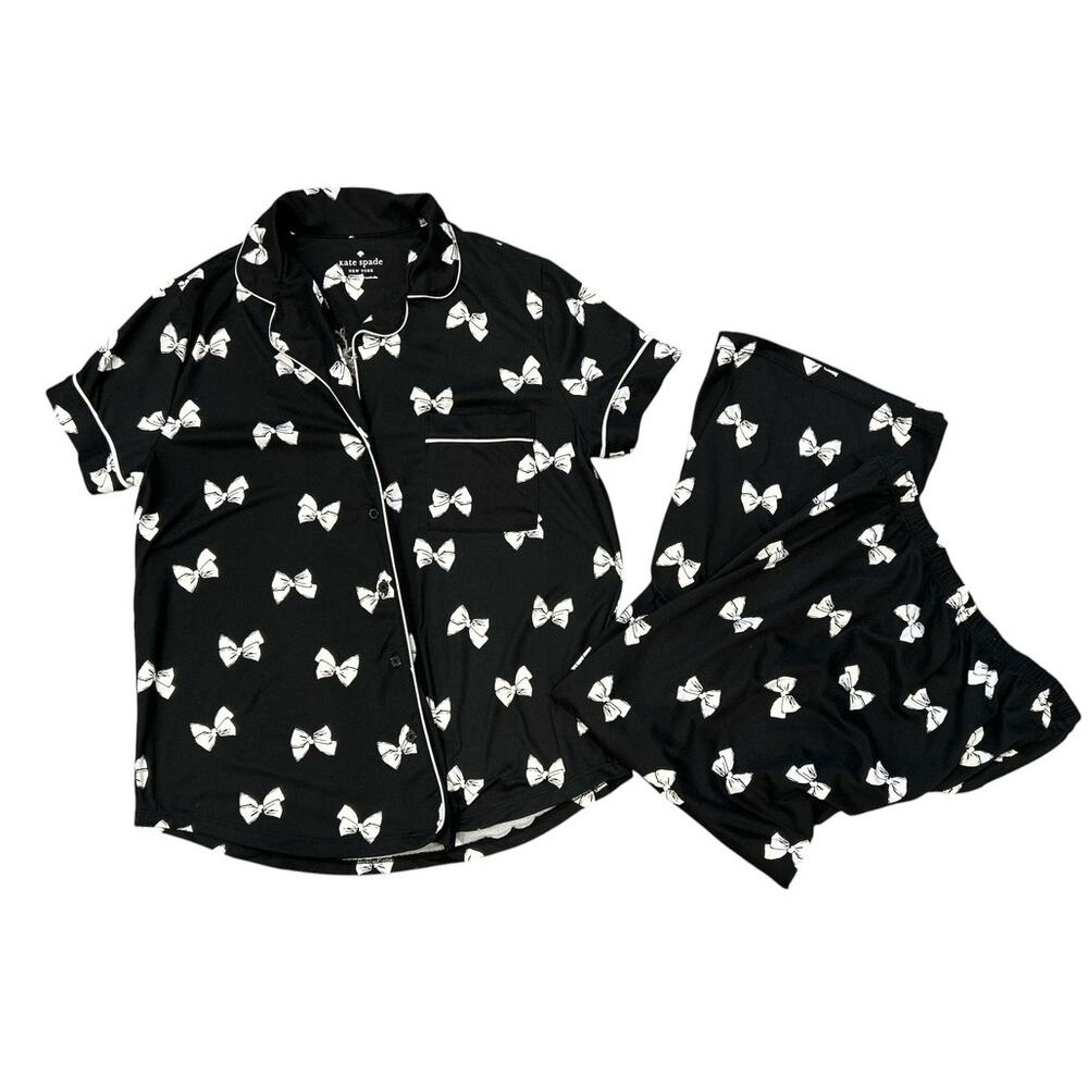 Kate Spade New York Black White Bow Print Short Sleeve Cropped Leg Pajama Set SM